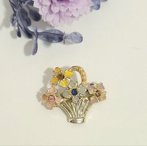 Vintage Colorful Enamel Crystal Flower Basket Gold Tone Brooch Pink Blue Yellow